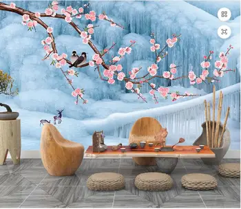 Izrađen po mjeri freska 3D tapete u kineskom stilu s cvijećem, pticama, лосями i snijeg kapom krajolik, kućnog tekstila, tapeta za zidove, trodimenzionalni dnevni boravak