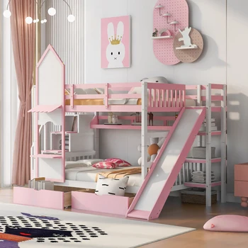 Pink krevet na kat u stilu dvorca s 2 ladicama, 3 police i toboganom za unutarnje namještaj spavaće sobe