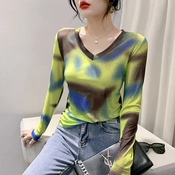 2023 Nova proljeće-ljeto korejski odjeća, majice, ženske modne seksi majice s V-izrez i po cijeloj površini u obliku leptir-boje, Košulja dugih rukava, majice 3615