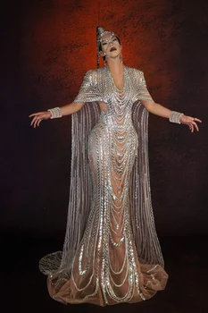 Ženske haljine s dugim repom, sjajnu odijelo transvestit s šljokice, novo 2023, Slobodan jasan dizajn, odjeća za scenu pjevačica