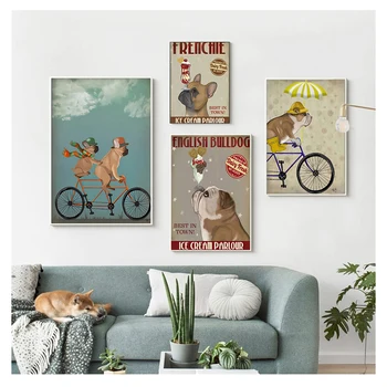Slike na platnu za dnevni boravak, psa, bicikl, Wall art, retro plakati i grafike, Квадрос, engleski Buldog, pas-sladoled