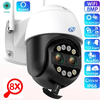 8-Megapikselna IP kamera 4K Eksterna WiFi Kamera za video nadzor sa Dva Objektiva, Kamera u Boji Night Vision sa 8x Zoom kamera za nadzor Radi Alexa