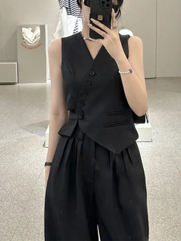 Korejski moderan komplet od 2 predmeta, ženska odjeća, nepravilnog odijelo bez rukava sa V-izrez, prsluk + široke hlače, Ljetni komplet od dva predmeta za žene