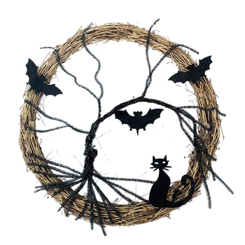 Crni vijenac za mačke-šišmiša s jakom užetom, Vijenac na Halloween, Viseći ukras za Noć vještica na baterije, Najbolje darove, zidni ukras