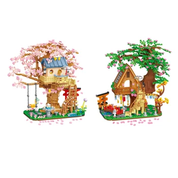 Kreativni Mini jedinica s pogledom na ulicu Sakura, urbani krajolik, Višnje boje, četiri godišnja doba, Figurice kuća na stablu, građevinske opeke igračke