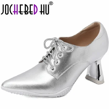 【JOCHEBED HU】Ženske cipele marke-brod od prave kože na debelom visoke potpetice, proljeće Klasične radne svakodnevne cipele čipka-up