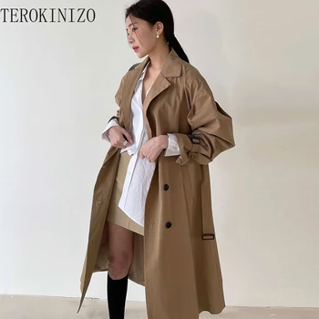 TEROKINIZO, Chic vintage jakne u korejskom stilu, Ženska monotono Svakodnevni univerzalni gornja odjeća, kaputi, Ženske jakne čipka-up s tankim strukom
