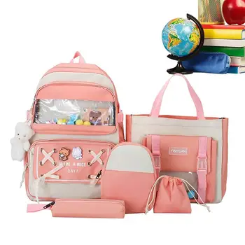 Slatka torbe, set od 5 predmeta, Slatka naprtnjače za škole, igle i pliš ovjesa, Estetski školski ruksak velikog kapaciteta