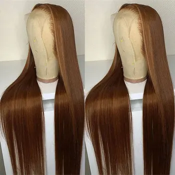 Zlatno-smeđe Izravna sintetička kosa 13x3,5 inča, perika na кружеве, Kvalitetan термостойкое vlakana, prirodna linija rasta kose crne žene