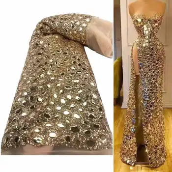 2023 Luksuzna zlatna cvjetne čipke tkanina s teškim perle, 5 Metara Vjenčanje 3D vezom ručne izrade, francuski cvjetne čipke tkanina Sequence za mladu YYZ129