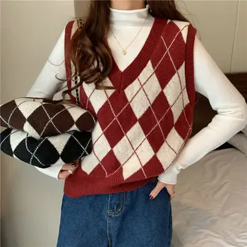 2023 starinski Ženski džemper u kavez bez rukava, prsluk u kavez, ženski jesensko-zimski prsluk, pulover, pletene prsluk U1364