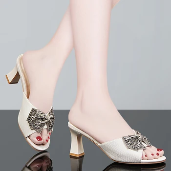 Modni papuče, ženske sandale, Ukusan ženske ljetne papuče na visoku petu, Ulica cipele s otvorenim vrhom, ženske cipele na debelim potpeticama