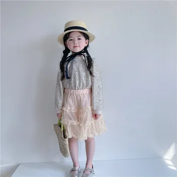 Kit dječje odjeće 2023, Proljeće-Jesen, Korejski stil, Temperament Djevojke, Top sa šljokicama, Svakodnevni Jednostavna Slatka Suknja, Komplet od dva predmeta za djevojčice