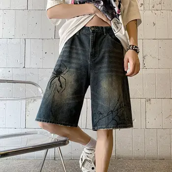 Korejski Traper Kratke hlače s po cijeloj površini Paučine u stilu Харадзюку u korejskom stilu za Muškarce, Y2k, Retro,Hip-hop,punk,Grunge, Traper Kratke hlače, Godišnja Ženska Vanjska Odjeća