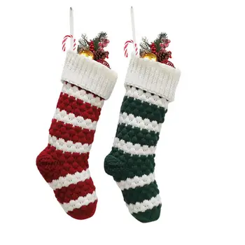 Viseći čarapa, za višekratnu upotrebu, pleteni Božićne čarape, Kapacitet, Božićno drvce, Viseće poklon pakete u zelenu i bijelu traku, ukras za zurke