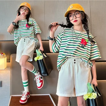 Ljetni Komplet odjeće za djevojčice kratkih rukava + kratke hlače, 2 komada, casual odijelo u korejskom stilu za fakultet, odjeća za mlade, od 4 do 16 godina