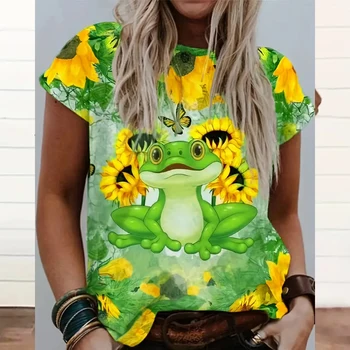 Casual majica veličine, ženska t-shirt s po cijeloj površini suncokreta i žabe, kratki rukav, okrugli izrez, jednostavno стрейчевая t-shirt