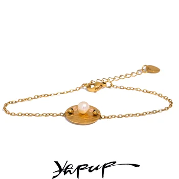 Yhpup Lanac od nehrđajućeg Čelika s prirodnim biserima Ručne izrade, jednostavna narukvica Zlatne boje, Stilski Vodootporan nakit, ženski blagdanski dar