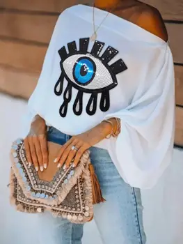 Yeezzi/ Ženske Modne Svakodnevne Majice S Aplikacija u obliku plavih očiju, Čvrste Majice sa Strmim Ramenima, Ljetni Besplatne Majice Sa Bujnim Rukava, Bijele Majice Za Žene
